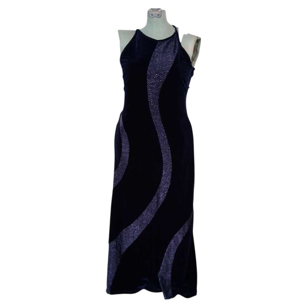 Vintage Maxi Dress Velvet Blue  Halter 90s Y2k Sequin Swirl Spaghetti Strap